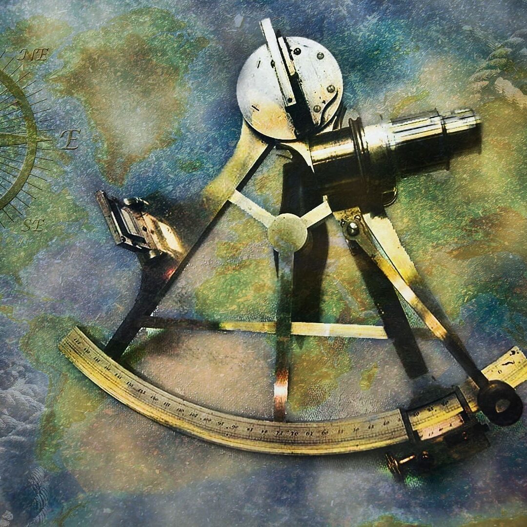 A painting of an old style sextant with a compass.